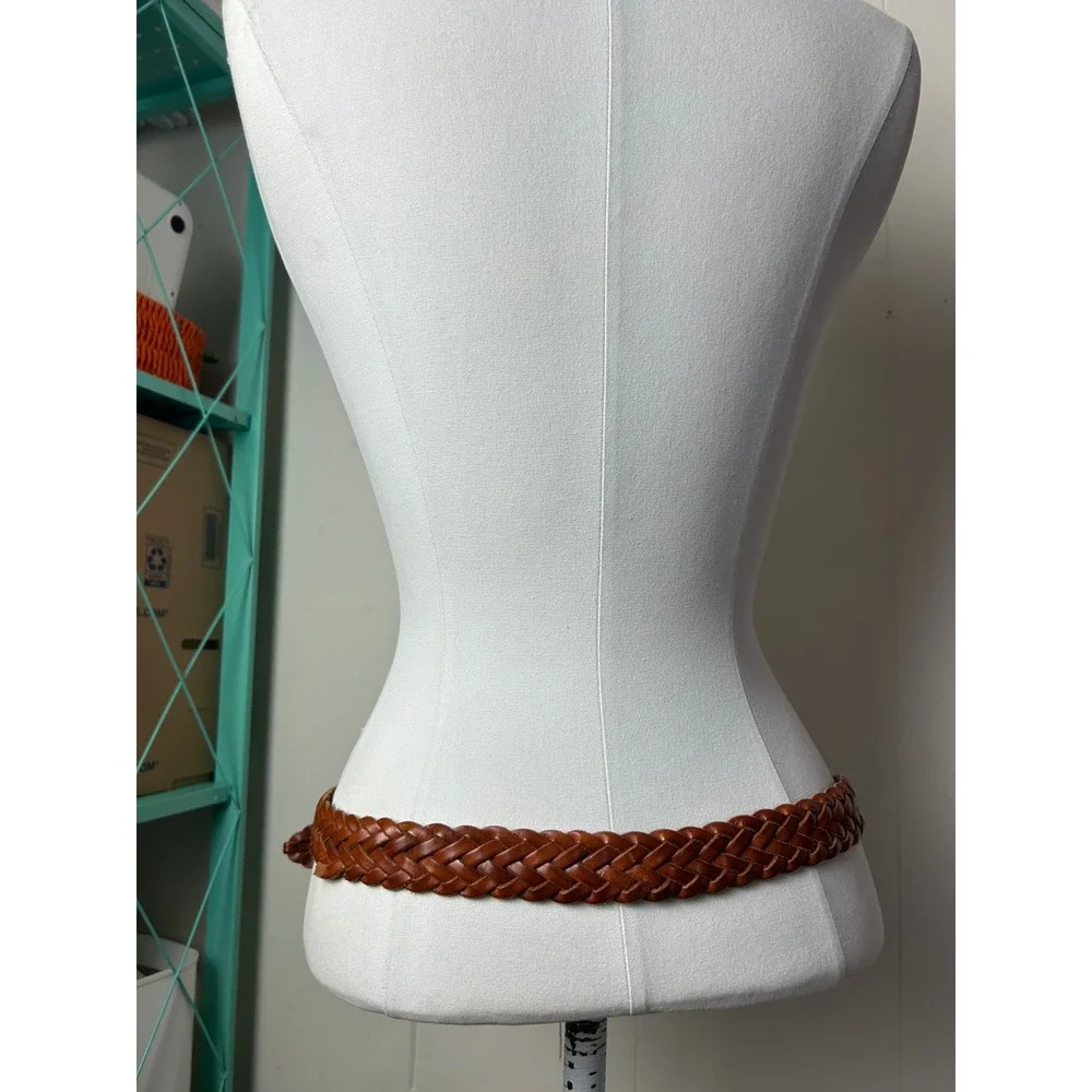 Cognac Brown Braided Leather Belt Brass Buckle S/M Boho Cottagecore Western